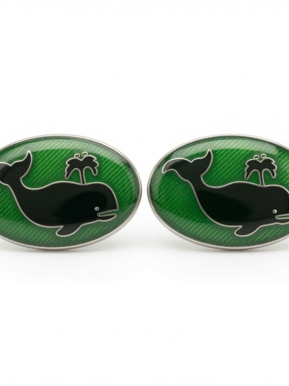 Vintage Brooks Brothers  Sterling Silver Green Enamel Whale Spouting Cufflinks
